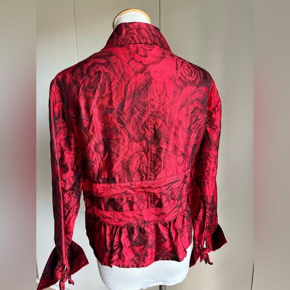 Vintage Womens Silk Blouse Floral Print Chili Red/Black 90s Designer Formal - Picture 3 of 11